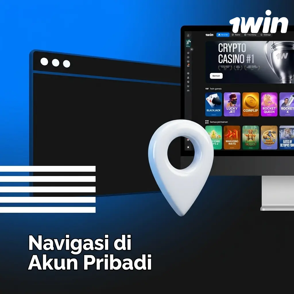 Panel navigasi akun pribadi 1win dengan menu profil, deposit, penarikan, transaksi, bonus, dan program loyalitas